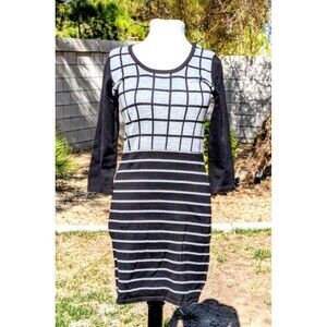 PINK ROSE Med Gray/Black Soft Rayon Blend Long Sleeve Sweater Midi Dress NWT